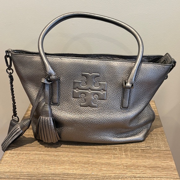 Tory Burch Metallic Gunmetal Leather Shoulder Tote with Tassel - Picture 2 of 6